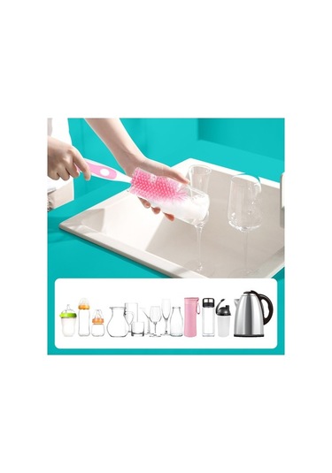 Flybuy 360 Derece Yumuşak Kıllı Silikon Biberon Fırçası - Uzun Saplı Bebek Şişe Temizleyici - Yeşil/pembe/mavi