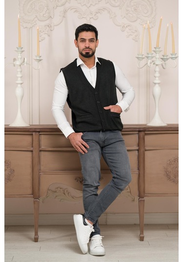 Woolen World Regular Fit Ön Cepli Kolsuz Erkek Triko Yelek Antrasit