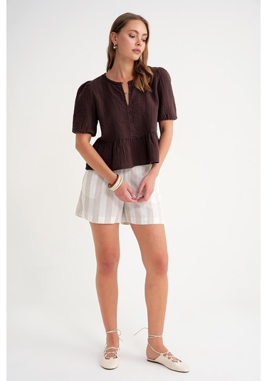 4713 Kadın Beli Büzgülü Kolu Lastikli Bol Müslin Bluz Kahve Kahve