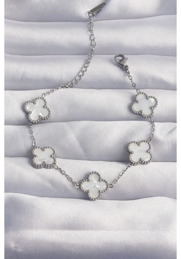 Zarif Kadın İçin Silver Çelik Beyaz Sedefli Yonca Bileklik Gri