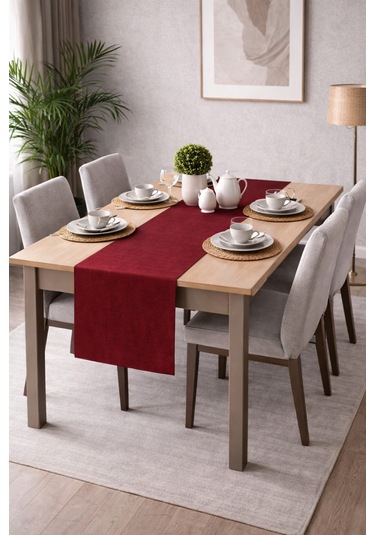 Perdeyap1980 Kadife Dokulu Bordo Renk Ada Serisi Runner 40 X 140 Cm Bordo