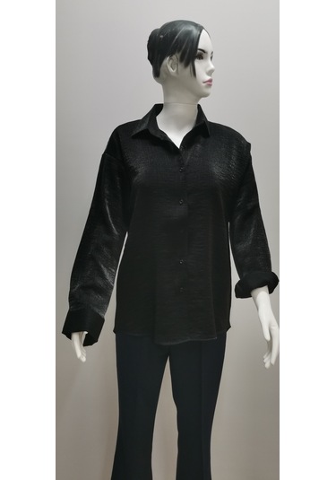 Kadın Uzun Kollu Salaş Parlak Simli Kumaş Pamuk Gömlek Siyah