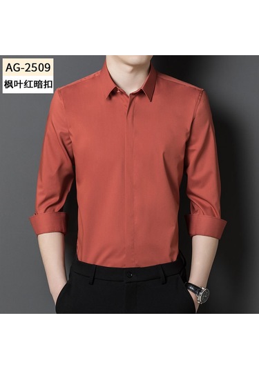 Erkekler İçin Gizli Düğmeli, Uzun Kollu, Tek Renkli, Esnek İş Kıyafeti Gömlek Şarap Kırmızı
