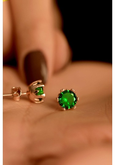 Mayıs Zümrüt Doğum Taşı Rose Tektaş Çivili Gümüş Küpe Gümüş