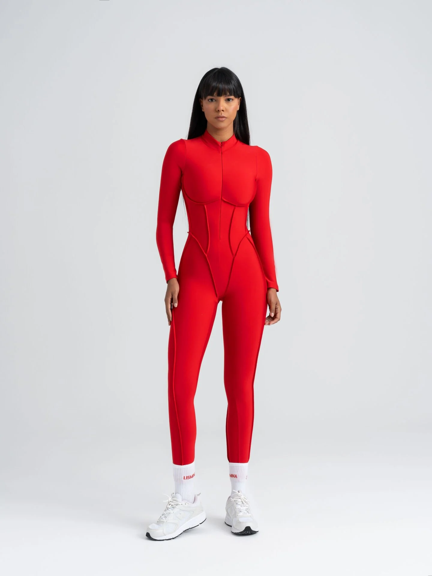 Dikişle Modellenmiş Spor Tayt Tulum Kırmızı