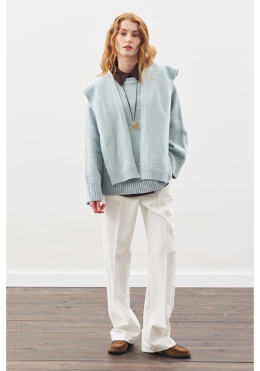 Kare Yaka Bağlamalı Triko Atkı Mavi Mavi