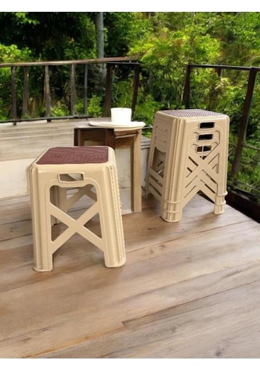 4 Adet Modern Orta Boy Plastik Mutfak, Banyo, Balkon Ve Bahçe Taburesi Krem