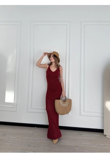 Kadın Örgülü Uzun Triko Elbise - Bordo Bordo