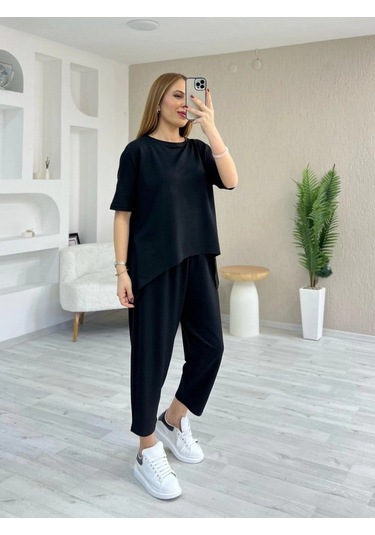 Kadın Kısa Kollu Bisiklet Yaka Viskon Iki Iplik Bluz Ve Pantolon Ikili Takım Siyah