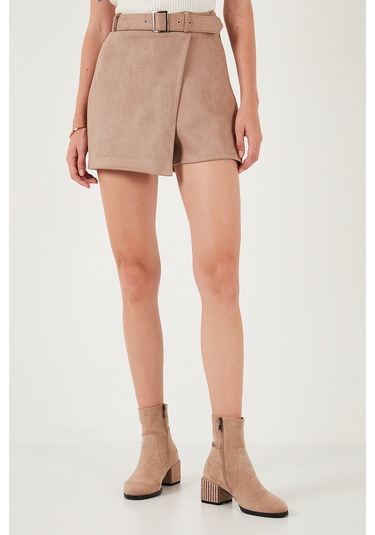 Lela Kışlık Regular Fit Asimetrik Kesim Fermuarlı Bayan Şort Etek 5865973 Vizon