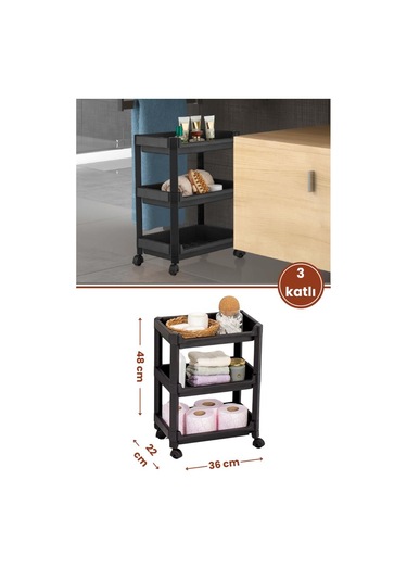 Flosoft 3 Katlı Tekerlekli Düzenleyici Raf, Mutfak Banyo Temizlik Katlı Organizer 22x36x48cm Siyah Siyah