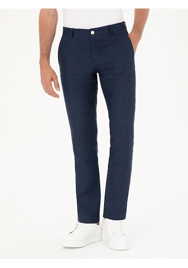 Cacharel Lacivert Slim Fit %100 Keten Pantolon