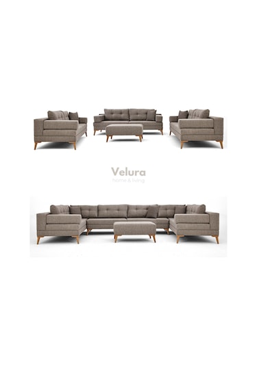 Zeri 3+3+3 Yataklı Puzzle Modüler U Köşe Koltuk Takımı & Puflu Köşe Takımı - Sütlü Kahve 160 Sütlü Kahve