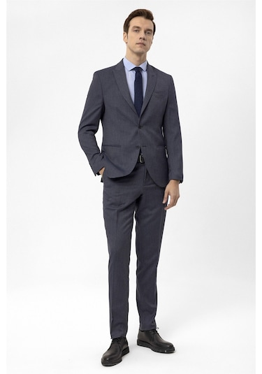 Lacivert Slim Fit Armürlü Sivri Yaka 6 Drop Klasik Takım Elbise-35496 Lacivert