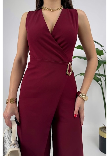 Crimson Icon Kadın Kemer Detaylı Askılı Bol Paça Bordo Tulum Rahat Şık Yazlık Kombin Bordo