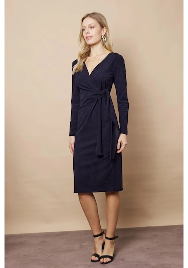 Kadın Kadife Kumaş Kruvaze Anvelop Bağcıklı Uzun Kol Diz Altı Elbise-lacivert Lacivert