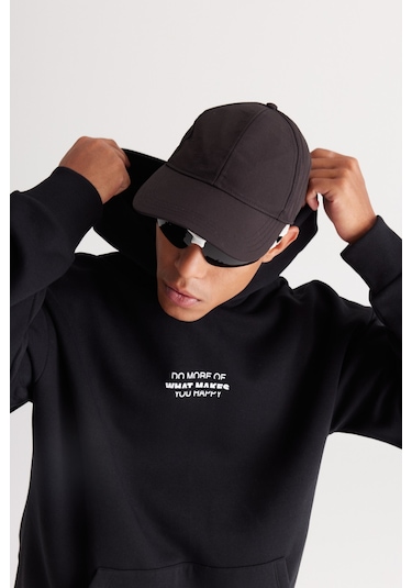 AC&Co / Altınyıldız Classics Erkek Sıyah Oversize Fit Bol Kesim Kapüşonlu İçi Polarlı Pamuklu  Sweatshirt Siyah