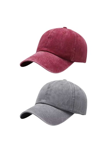 Tezzgelsin Unisex Eskitme Vintage Pamuklu Ayarlanabilir Beyzbol Kep Şapka 2'li Set Kırmızı - Gri