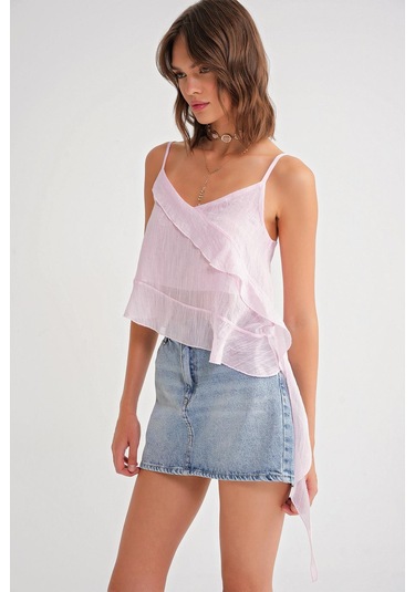 4736 Kadın Fırfırlı Askılı Bluz Pembe Pembe