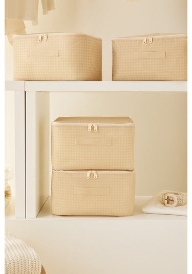 Home Wave 4'lü Küçük Boy Bej Pötikare Hurç Set 30 x 22 x 18 cm