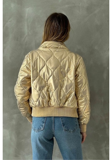 Topshow Modern Deri Görünümlü Mont Gold