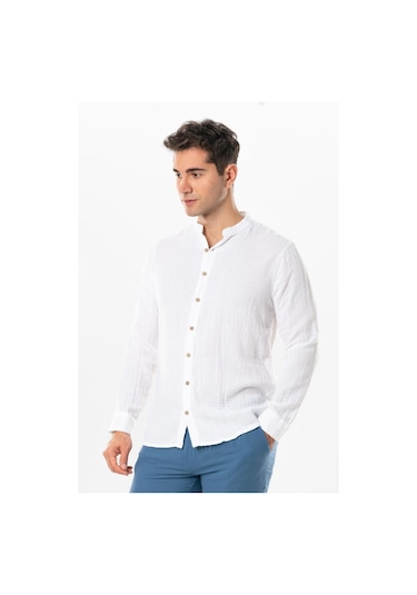 Uzun Kol Hakim Yaka Erkek Müslin Yazlık Gömlek Beyaz Byz-beyaz Beyaz