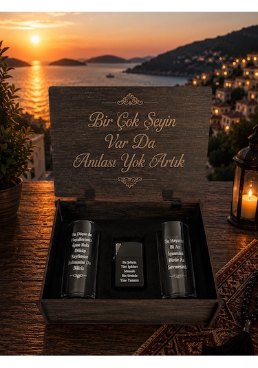 Kişiye Özel Ahşap Kutulu 2 Li Rakı Bardağı Ve Çakmak Hediye Seti