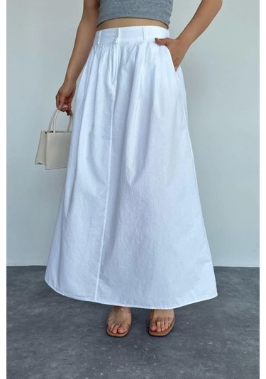 İnce Pileli Düz Etek - Beyaz Beyaz