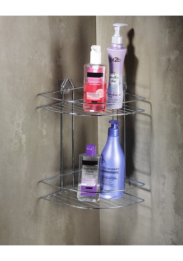 Sas Duvara Yapışkanlı 2 Katlı Banyo Köşeliği Şampuanlık Krom