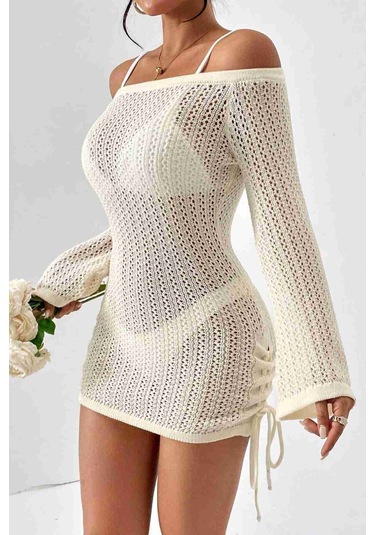 Angelsin Örme Yanlardan Büzgülü Uzun Kollu Plaj Elbisesi Pareo Krem 001