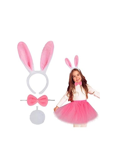 Pembe Tavşan Tacı Etek Papyon Kuyruk Kostüm Seti Çocuk Boy