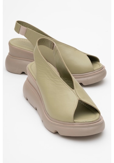 Sam Yeşil Cilt Hakiki Deri Kadın Dolgu Topuk Sandalet Yeşil