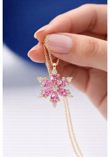Çekirdekjewelry Pembe Taşlı Kamelya Çiçeği Kolye Sarı Pembe