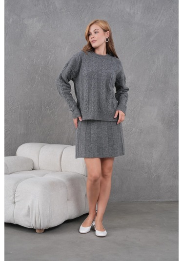 Kadın Bisiklet Yaka Saç Örgü Kazak Etek İkili Triko Takım Antrasit