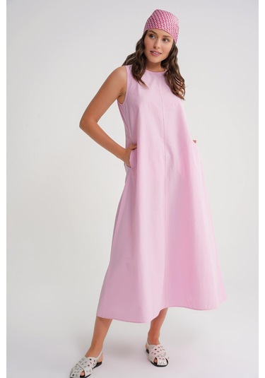 4690 Kadın Bisiklet Yaka Sıfır Kol Midi Paraşüt Elbise Pembe Pembe