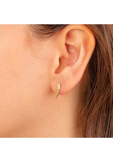 Altın Küpe - 14 Ayar Altın Minimal Taşlı Dövülü Küpe Sarı