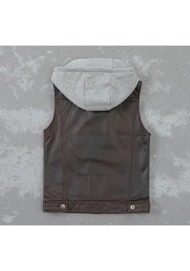 Kapüşonlu Hakiki Deri Yelek Acı Kahve