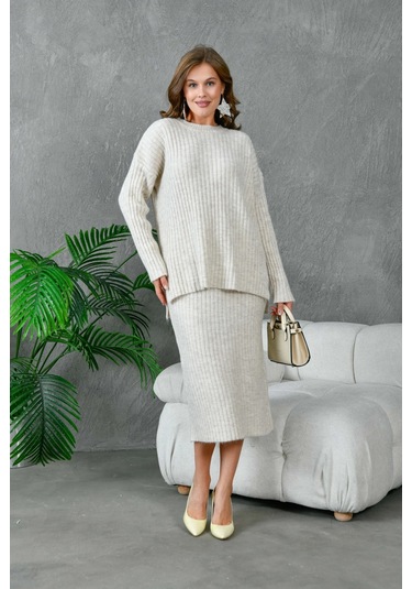 Kadın Bisiklet Yaka Uzun Kazak Etek İkili Triko Takım Taş