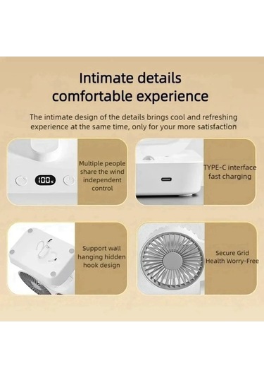 Funtree Treasure 2 Kafa 4-dişli Masaüstü Fan, Hızlı Rüzgar, Usb Şarjlı, Led Ekran