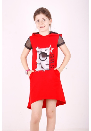 Toontoy Kız Çocuk Kapşonlu Cepli Elbise Kırmızı