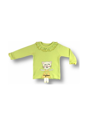 6-9 9-12 12-18 Ay Elbiseli Kedi Nakışlı Bandanalı Uzun Kollu Sweat 3lü Kız Bebek Takımı Yeşil