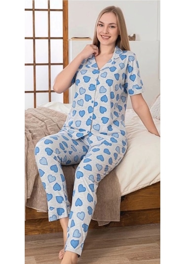 Alissa 6275 Kadın Mavi Kalp Desenli Patlı Pijama Takımı Gri