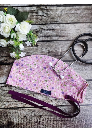 Standart Gülkurusu Çıtır Çiçek Desenli Cerrahi Bone Doktor Hemşire Sağlıkçı Bonesi