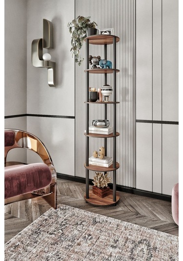 6 Katlı Dekoratif Yuvarlak Kitaplık Ceviz Ceviz