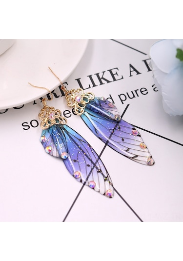 Wezone Şık Ve Zarif Kelebek Kanatlı Gelin Küpeleri - Altın Mavi Elmas Detaylı Gold