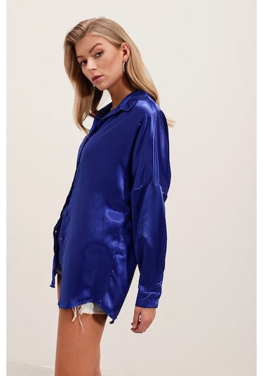 3985 Oversize Saten Gömlek - Saks 001