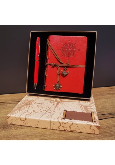 Kırmızı Pusula Tasarım Deri Defter Ve Touchpen Kalem Seti