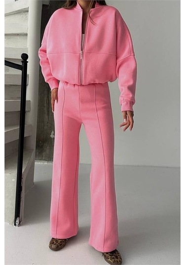 Neşeli Butik Kadın 3 İplik Şardonlu Oversize Eşofman Takımı Nbg105 Pembe