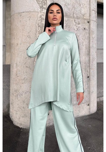 Mint Asimetrik Kesim, Fermuarlı Bluz & Bol Paça Pantolon - Viskon İki İplik Kumaş Alt & Üst Takım Mint