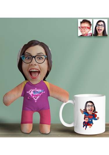 Bk Gift Kişiye Özel Fotoğraflı Pembe Süper Anne Bebek Yastık Ve Kupa Bardak Hediye Seti-5, Anneye Hediye, Anneler Günü Hediyeleri Kobitmeyencom30630 B